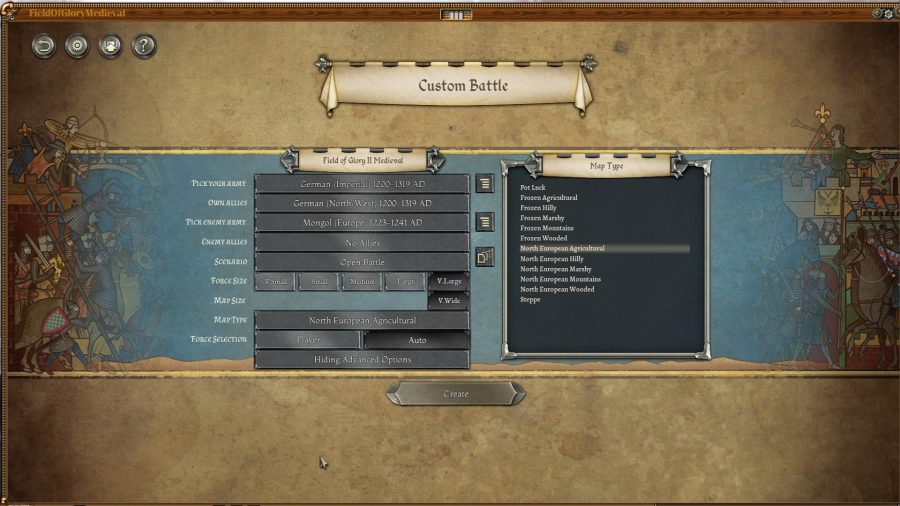 custom battle screen showing dropdown menus and buttons from field of glory 2 medieval
