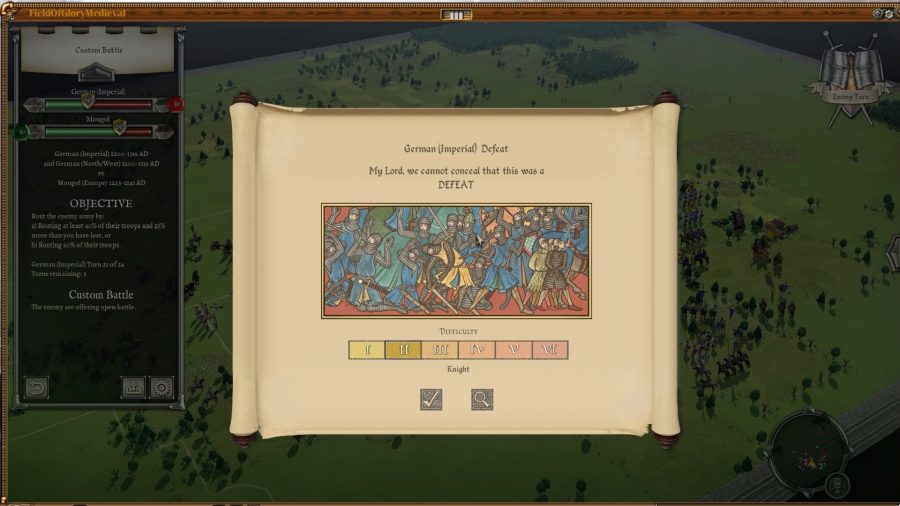 A scroll marking the players defeat in field of glory 2 medieval