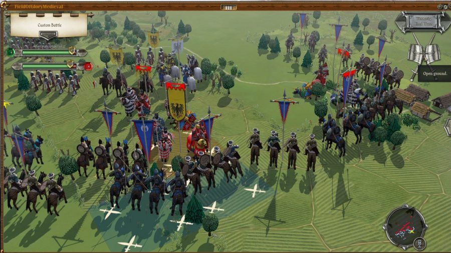 Cavalry and infantry units fighting on an open plan in field of glory medieval 2