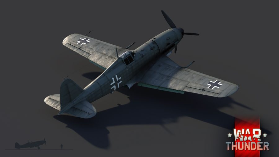 Small War Thunder fighter plane with propeller sitting stationary on a grey background