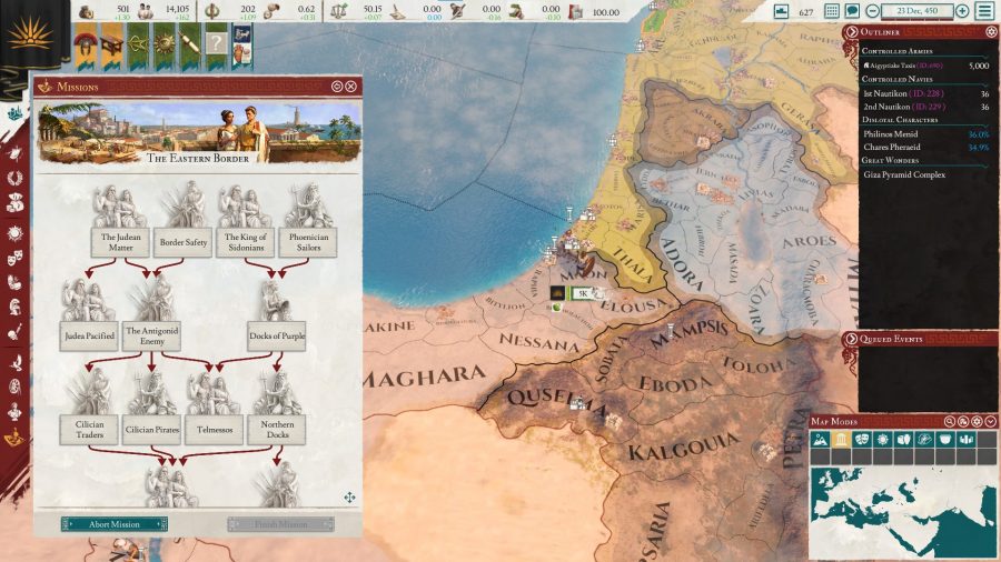 A Egyptian Mission from Imperator: Rome 2.0 Marius update showing the many objectives a player must complete
