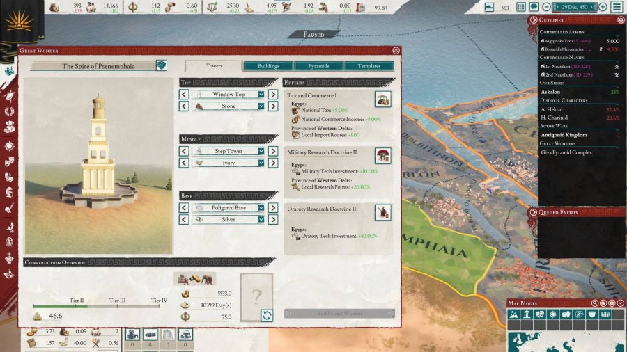 Panel demonstrating the Great Wonder building tool feature form Imperator Rome 2.0 Marius Update