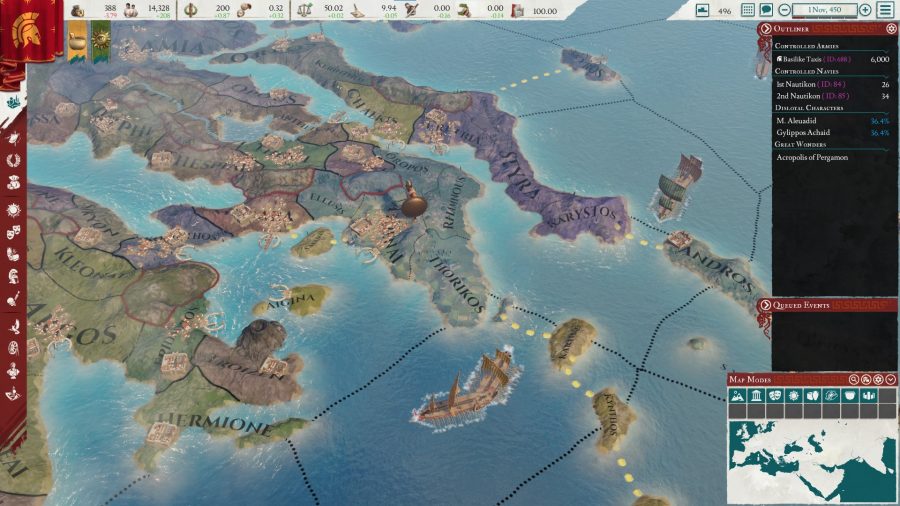 A bird's-eye view of Greek islands with a soldier standing firm in Imperator: Rome 2.0 Marius update and ships moving past