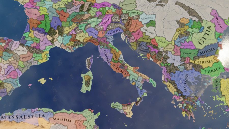 A map of Europe from Imperator Rome 2.0 Marius update showing each region marked with a colour
