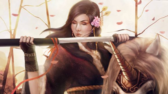 A woman holding a sword horizontal to her face in Legend of the Five Rings
