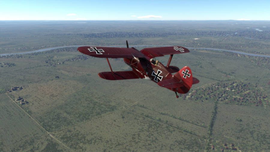A bi-plane painted red with a custom War Thunder skin to look like the red baron