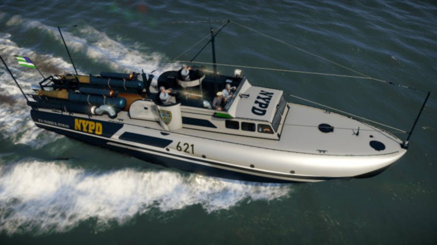 A boat with NYPD insignia on the side using a custom War thunder skin
