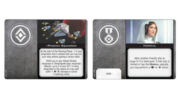 A pair of upgrade cards from Star Wars: X-wing Phoenix Cell Squadron Pack laid out showing their abilities