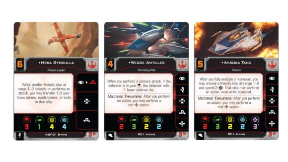 Pilot cards from Star Wars X-wing Phoenix Cell Squadron pack showing various stats and abilities of the pilots