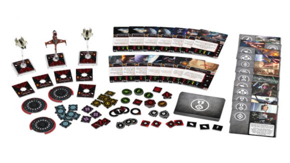Miniatures, tokens, and cards used in Star Wars: X-wing Phoenix Cell Squadron Pack laid out ready to play