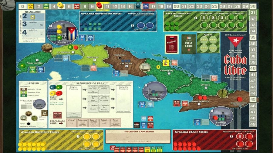 A map of Cuba split into provinces in Tabletop Simulator game Cuba Libre