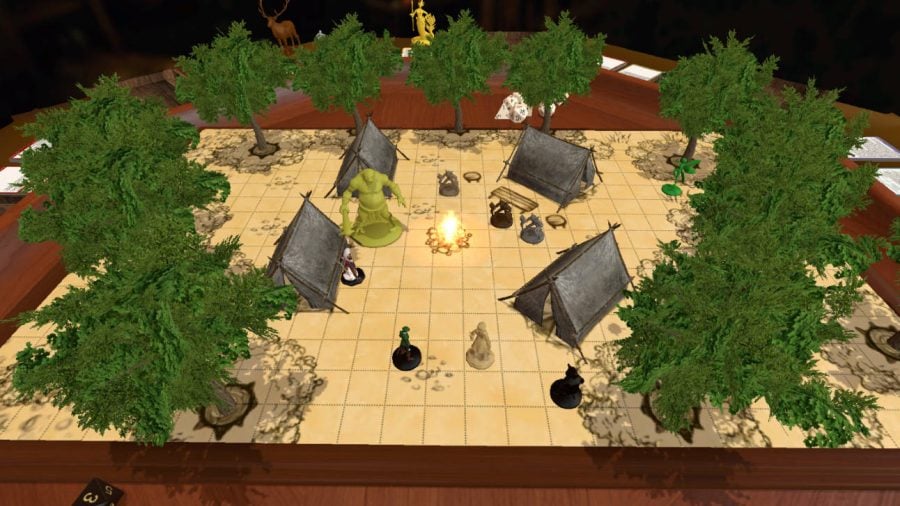 A tabletop grid with miniature trees and a troll from Tabletop Simulator game Dungeons and Dragons, recreating the tabletop game