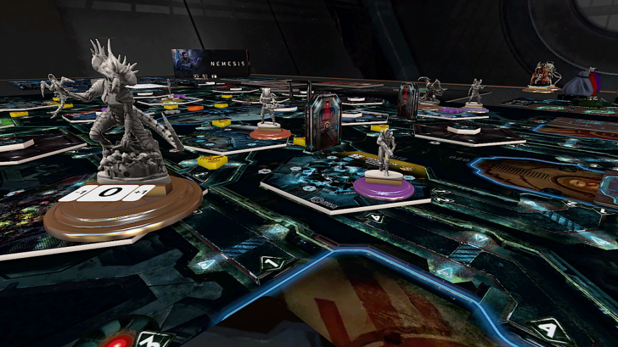 Miniatures of monstrous aliens on a digital board in Tabletop Simulator game Nemesis
