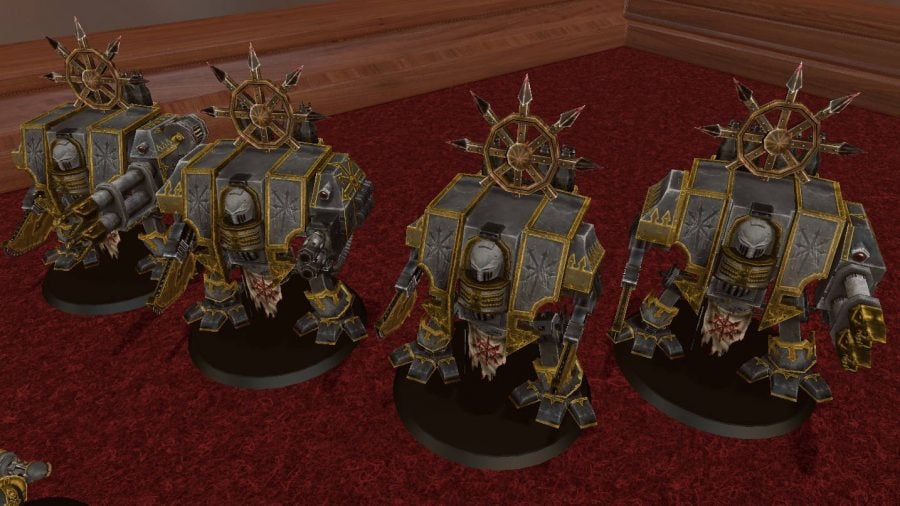 Digital version of Warhammer 40K Chaos Space Marine dreadnoughts recreated in Tabletop Simulator, painted in black and gold