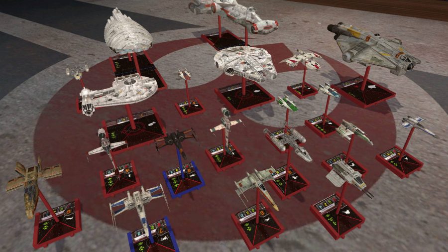 A fleet of Star Wars spaceships lined up in Tabletop Simulator game X-Wing ready to be moved and played