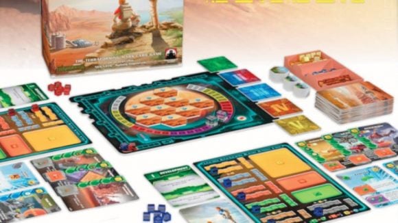 A game board surrounded by cards from Terraforming Mars: Ares Expansion Kickstarter campaign