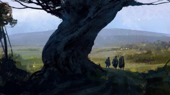 hobbits walking under a tree in the one ring kickstarter reveal