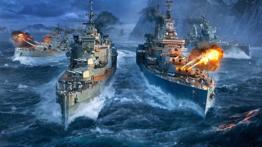 World of Warships mods two battleships are poised next to each other and fire their cannons up to the sky