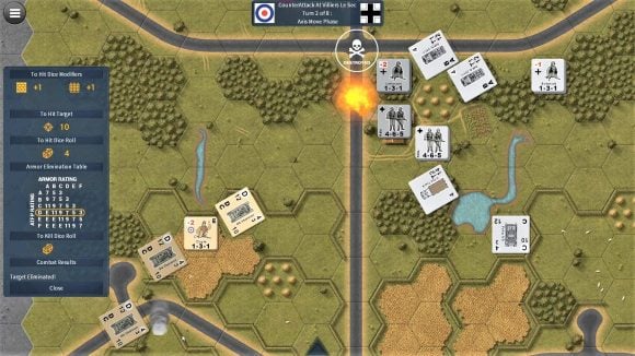 Valor and Victory WW2 wargame pc reveal screenshot showing unit counters and a destroyed unit with explosion effect