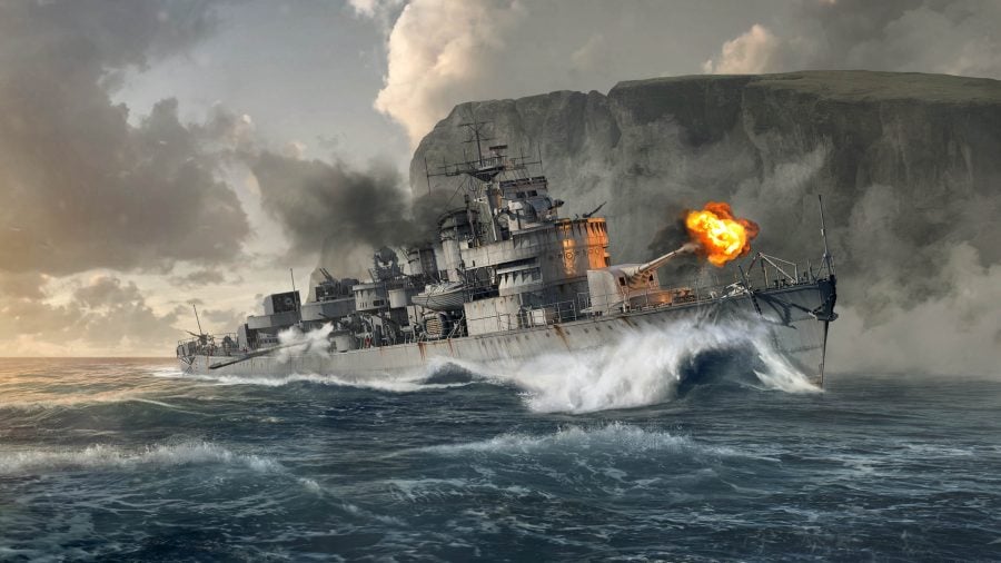 World of Warships mods A battleship firing its cannon against a cliff edge