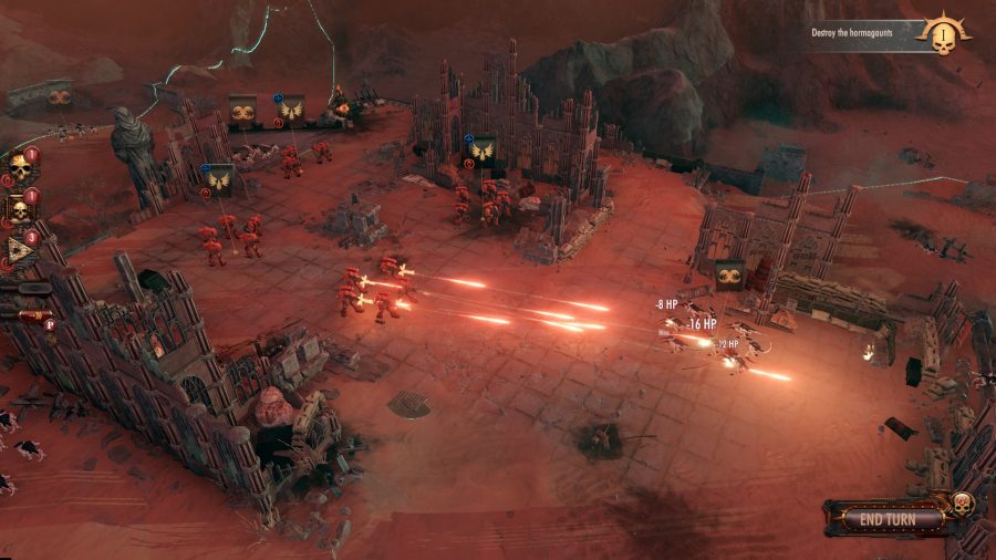 Space Marines in Warhammer 40K Battlesectors surrounded by gothic ruins firing their guns