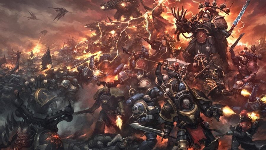 Warhammer 40k chaos factions guide artwork showing black legion chaos space marines fighting