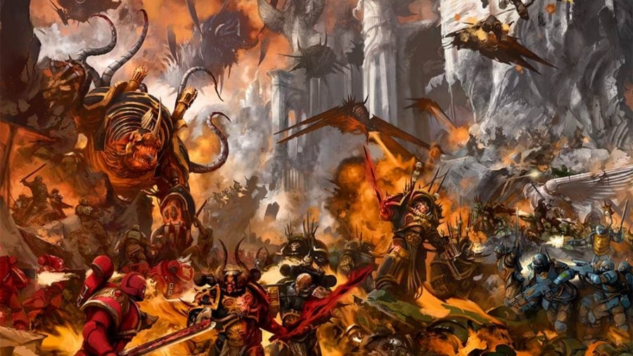 Warhammer 40k chaos factions guide Black Legion invading a planet with a maulerfiend and terminators led by Abaddon the Despoiler