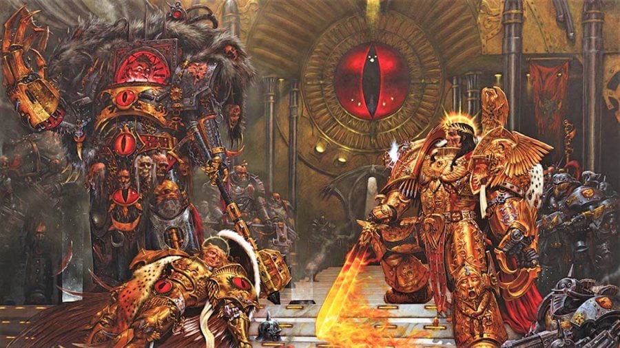 Warhammer 40k chaos factions guide horus and the emperor in the throne room with the dead Sanguinius
