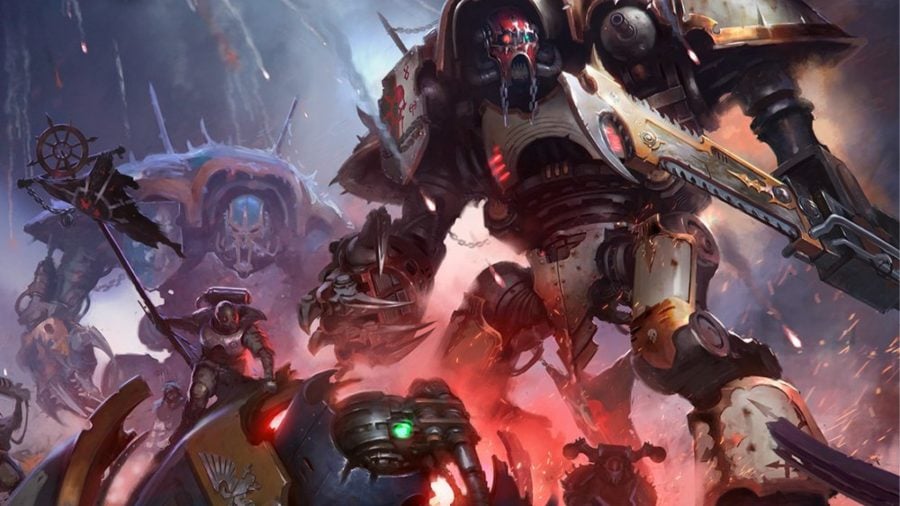 Warhammer 40k chaos factions guide chaos knights artwork showing a knight with banners