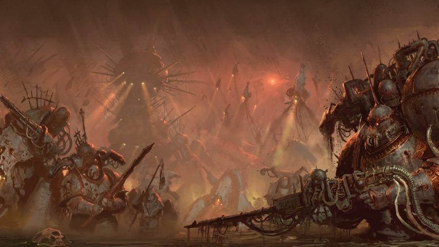 Warhammer 40k chaos factions guide death guard army in the fog showing plague marines, daemon engines and scary faces