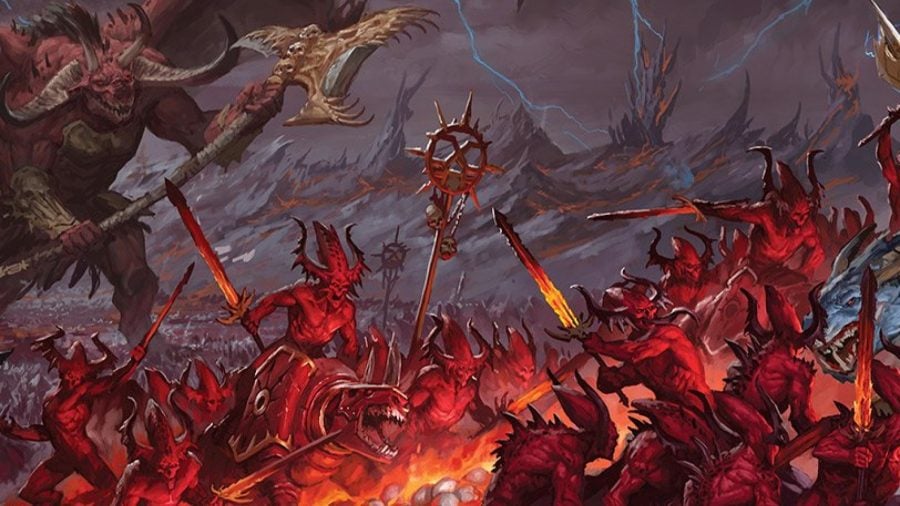 Warhammer 40k chaos factions guide khorne daemons horde in battle showing bloodletters and a bloodthirster