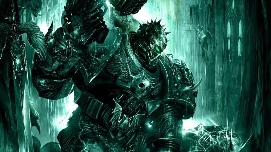 Warhammer 40k chaos factions guide night lords space marine with spiked armour shown kneeling