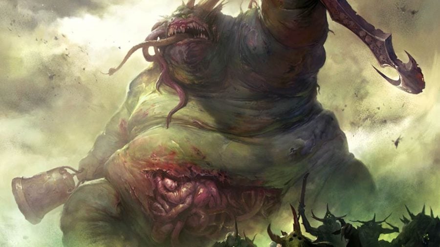 Warhammer 40k chaos factions guide nurgle daemons artwork showing a great unclean one followed by lesser daemons