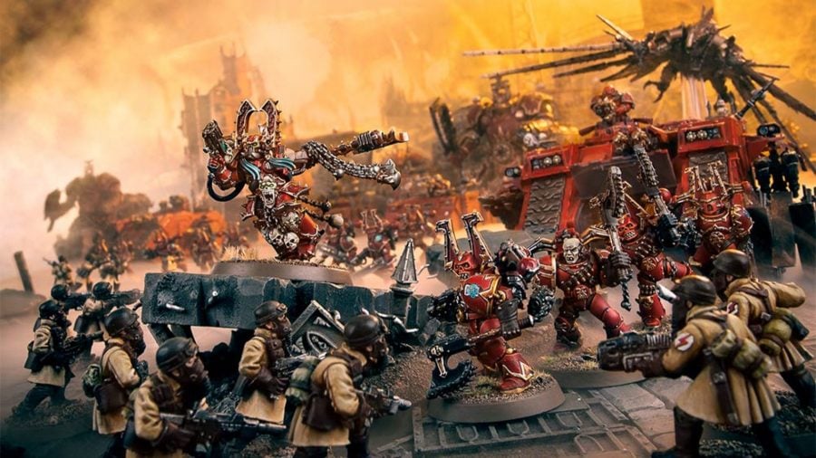 Warhammer 40k chaos factions guide World Eaters models in battle with Imperial Guard, led by Kharn the Betrayer