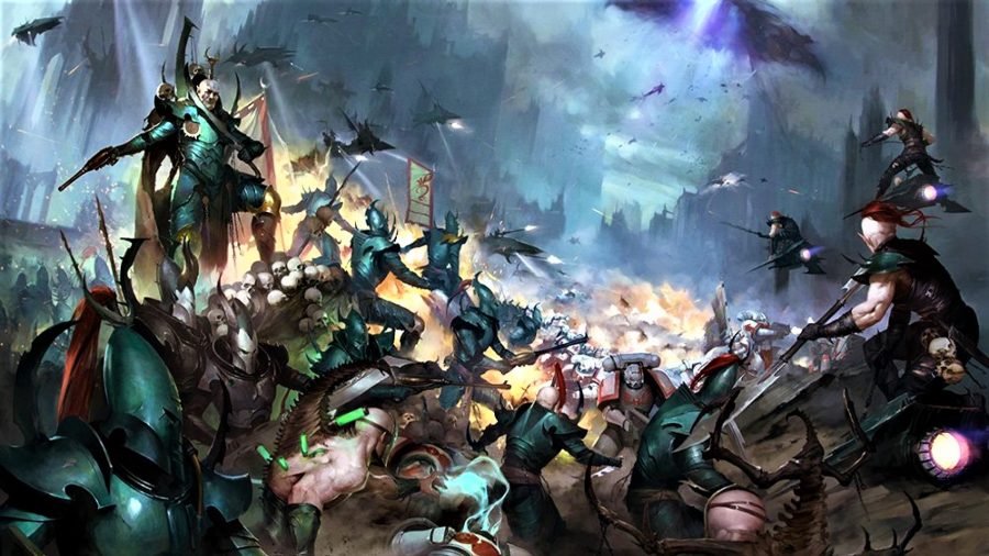 Warhammer 40K Xenos factions guide Drukhari artwork showing Dark Eldar fighting space marines, led by an Archon