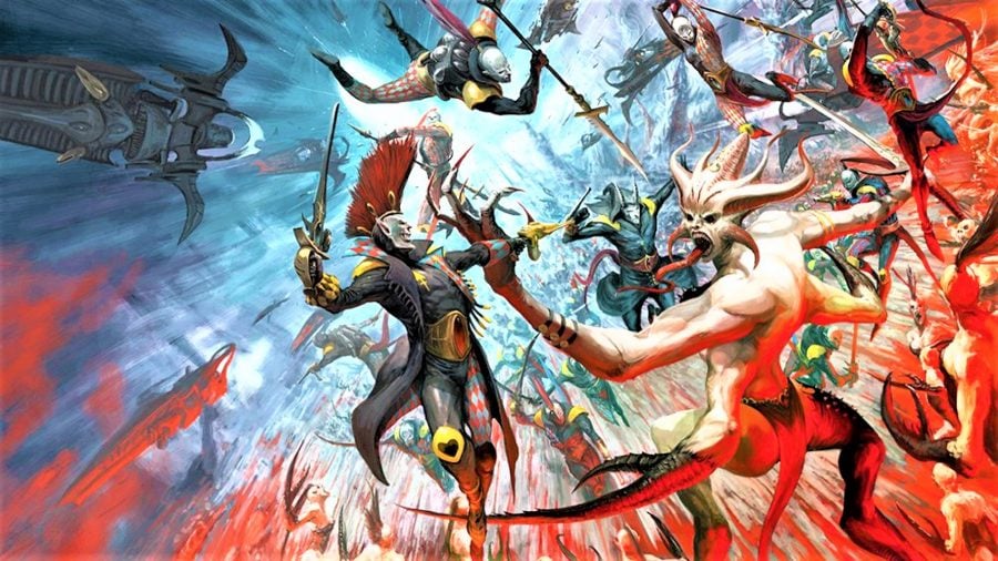 Warhammer 40K Xenos factions guide Harlequins artwork fighting daemons
