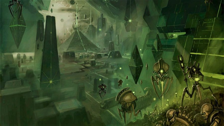 Warhammer 40K Xenos factions guide Necrons artwork showing a Tomb World complex, canoptek constructs and necrons