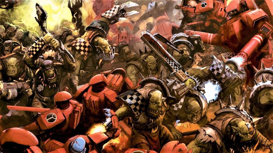 Warhammer 40K Xenos factions guide Orks artwork showing boyz fighting tau