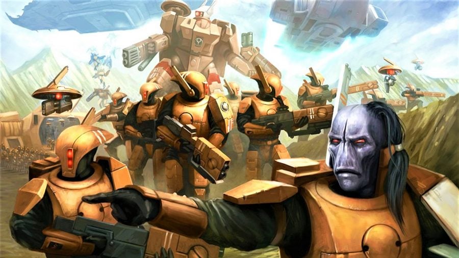 Warhammer 40K Xenos factions guide Tau empire artwork showing fire warriors and battlesuits
