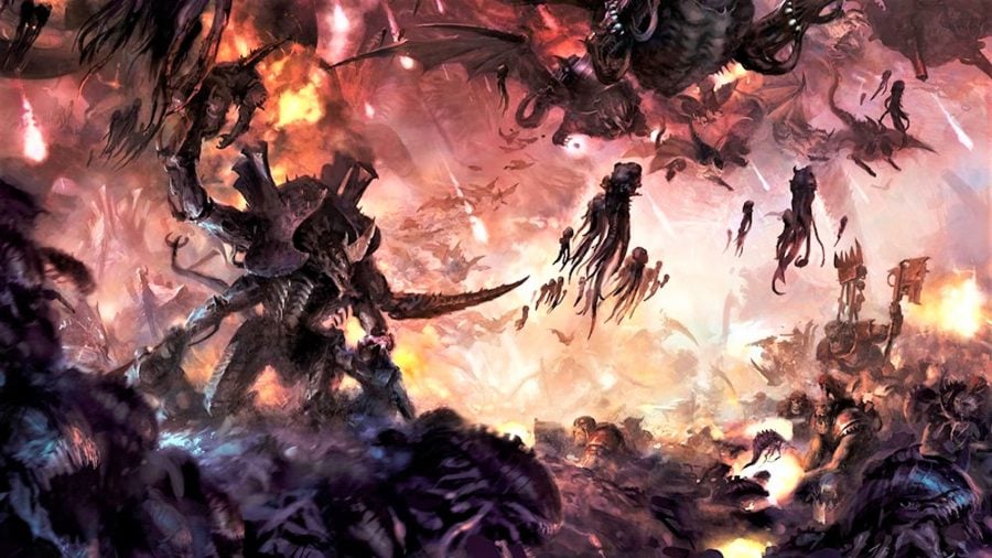 Warhammer 40K Xenos factions guide Tyranids artwork showing a hive fleet attacking Orks, with spores falling from the sky
