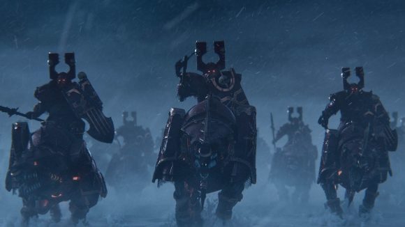 chaos warriors ride forwards in Warhammer total war 3 announcement trailer