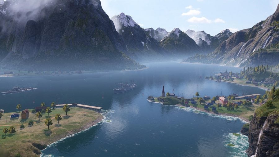 World of Warships mods a placed lake with snow-topped mountains in the background and mist on the waters surface