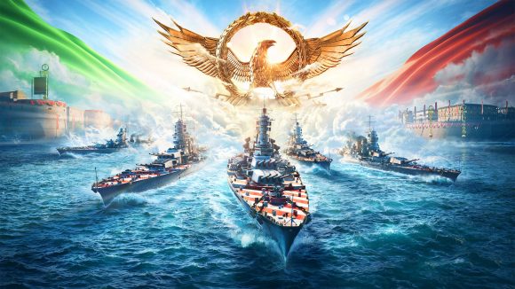 A fleet of battleships from World of Warships Italian Battleships update moving foward with a huge golden eagle in the sky behind them