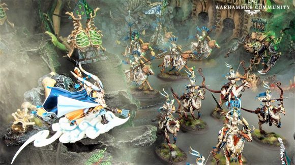 Photo showing the Hurakan Windmage and Windchargers from the Lumineth Realmlords in Age of Sigmar