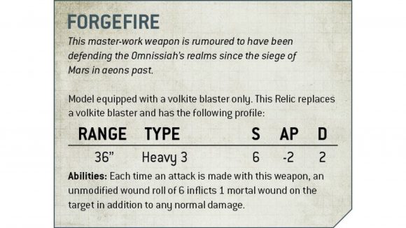 Graphic showing the new statline for the Adeptus Mechanicus relic volkite blaster Forgefire