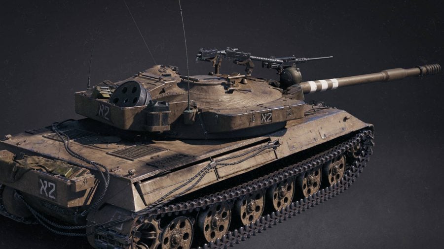 Коричневый советский танк Объект 430У, один из лучших танков в World of Tanks, на простом сером фоне.