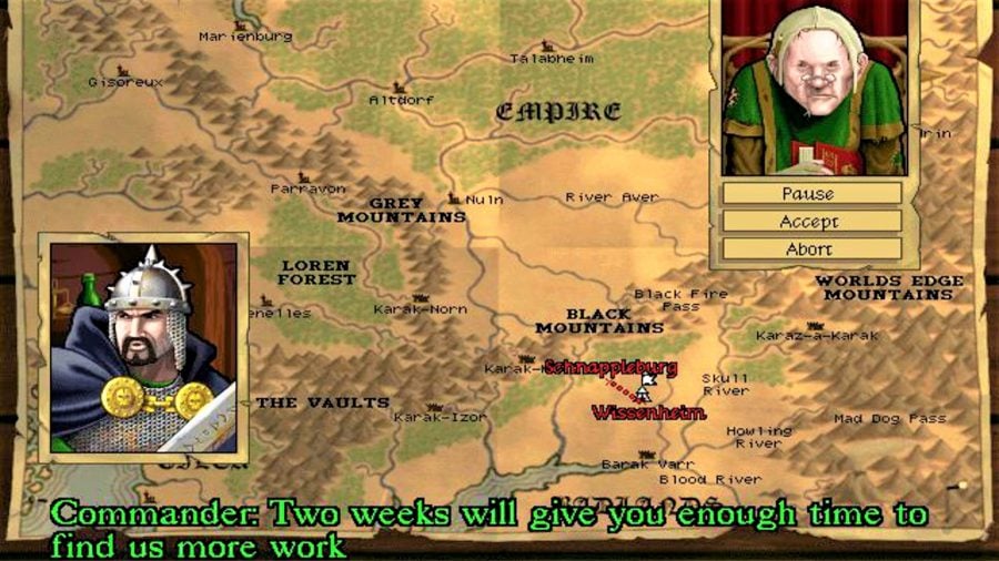 Screenshot from Warhammer Shadow of the Horned Rat showing the campaign map and NPC dialog