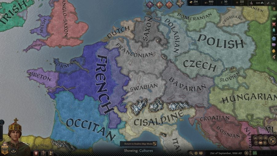 Map of Europe from Crusader Kings 3 with countries divided by their political affiliations