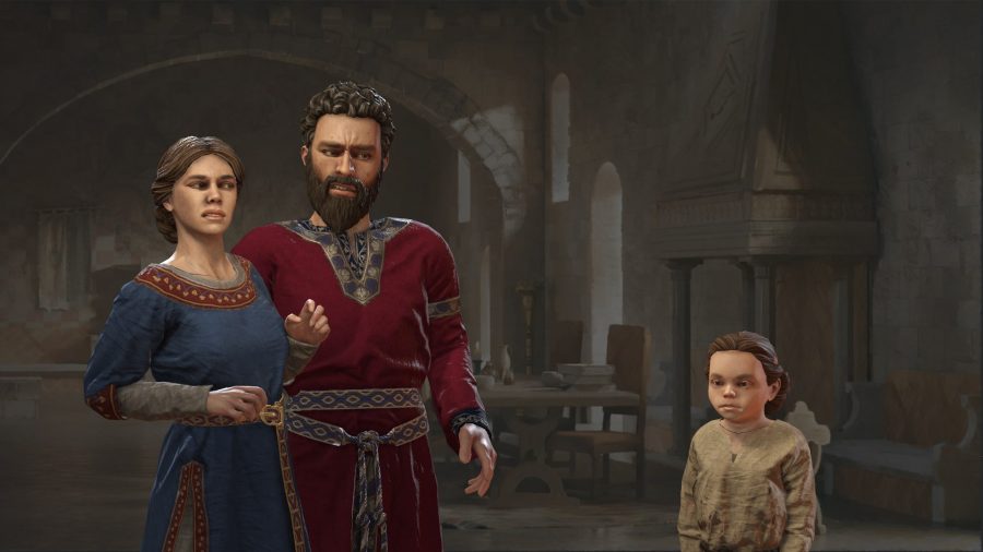 Characters sneering at their child in Crusader Kings 3 mod Fullscreen Barbershop