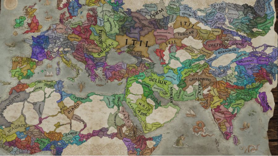 A map of various provinces across Europe and Asia from Crusader Kings 3 mod Shattered World